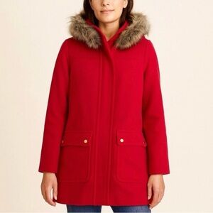 J. Crew cottagecore wool blend Red hoodie Pea Coat with Fur Hood size 10